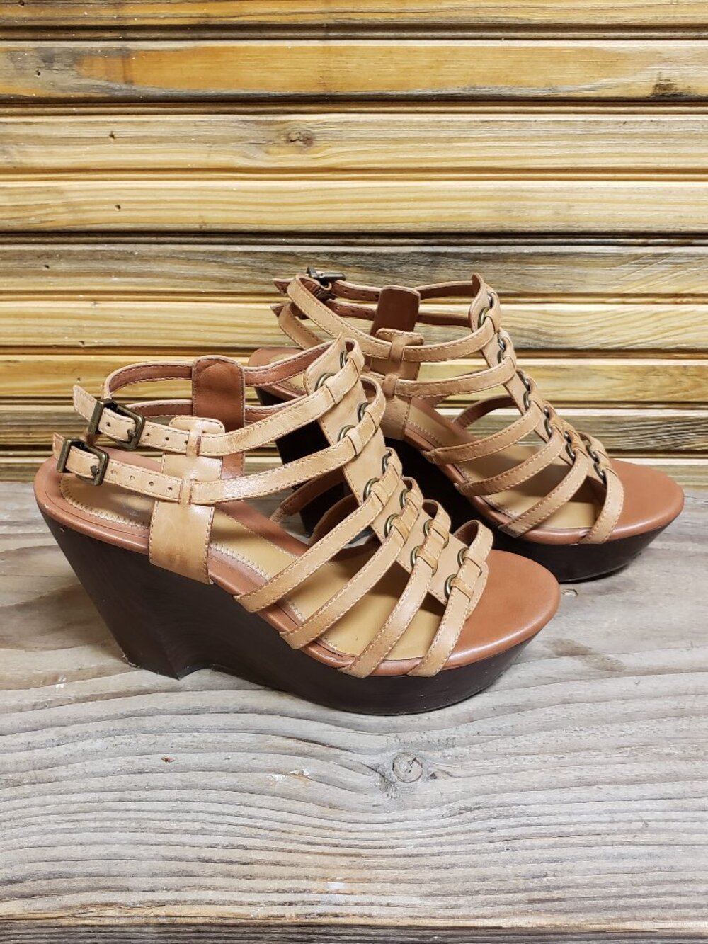 Gianni Bini Brown Leather Strappy Gladiator Platform Wedge Sandals Size 8